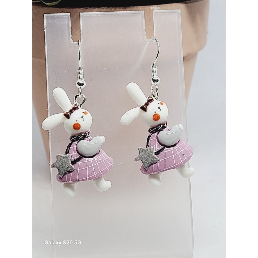 Purple Plaid Bunny Rabbit Drop Earrings Silver Tone Whimsical Jewelry